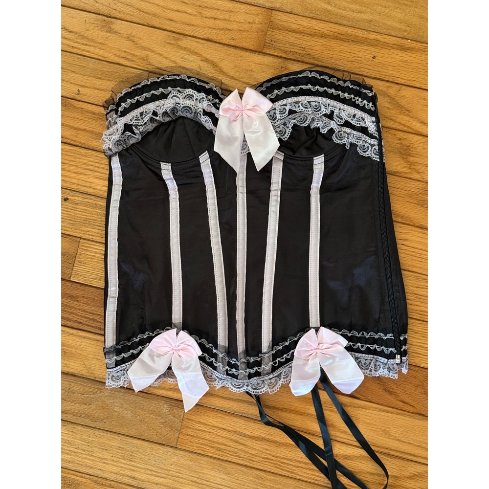 Y2K sexy Black & Pink Lace Trim Corset Top Bows Coquette Lingerie - Picture 4 of 5